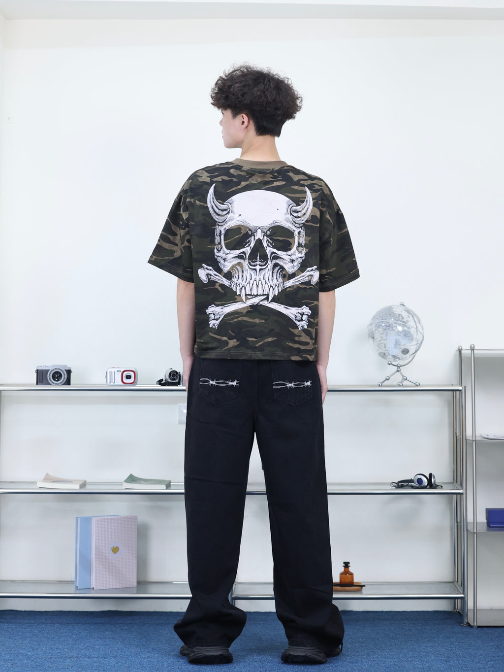 美式 街頭 百搭 寬鬆 直筒 荊棘刺繡 純黑 落地 牛仔褲
