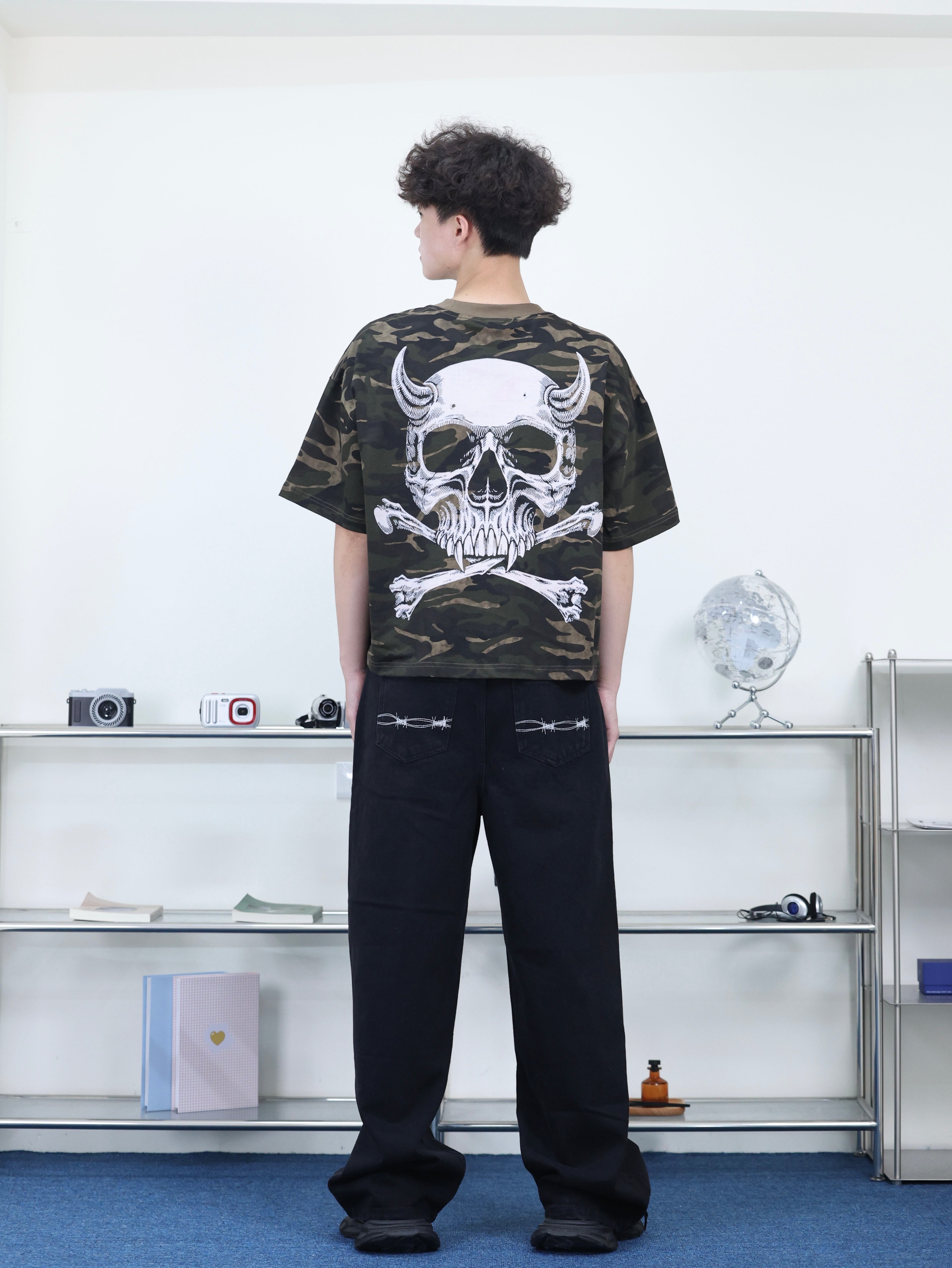 美式 街頭 百搭 寬鬆 直筒 荊棘刺繡 純黑 落地 牛仔褲