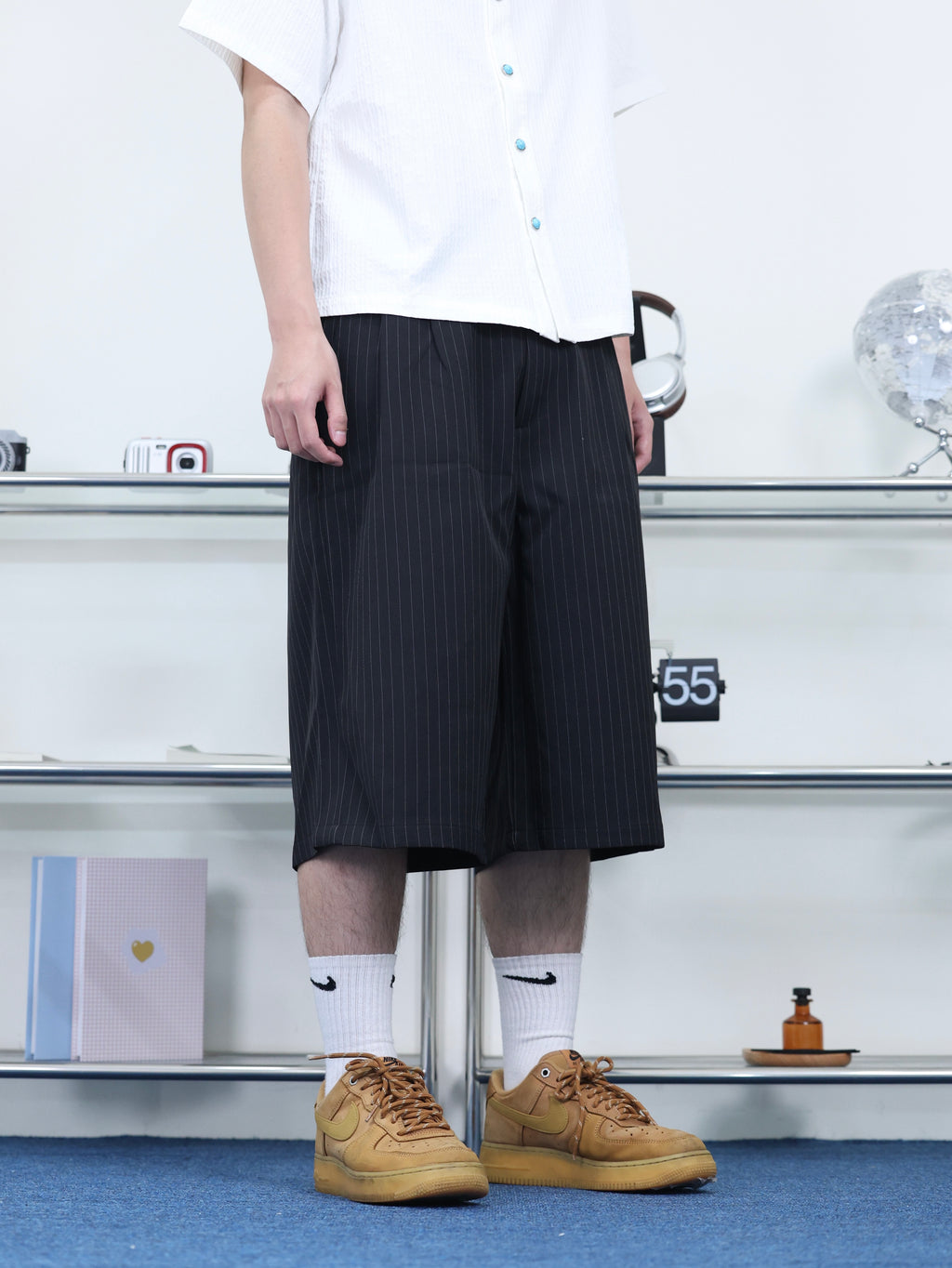 打褶 條紋 春夏 百搭 七分 西裝短褲