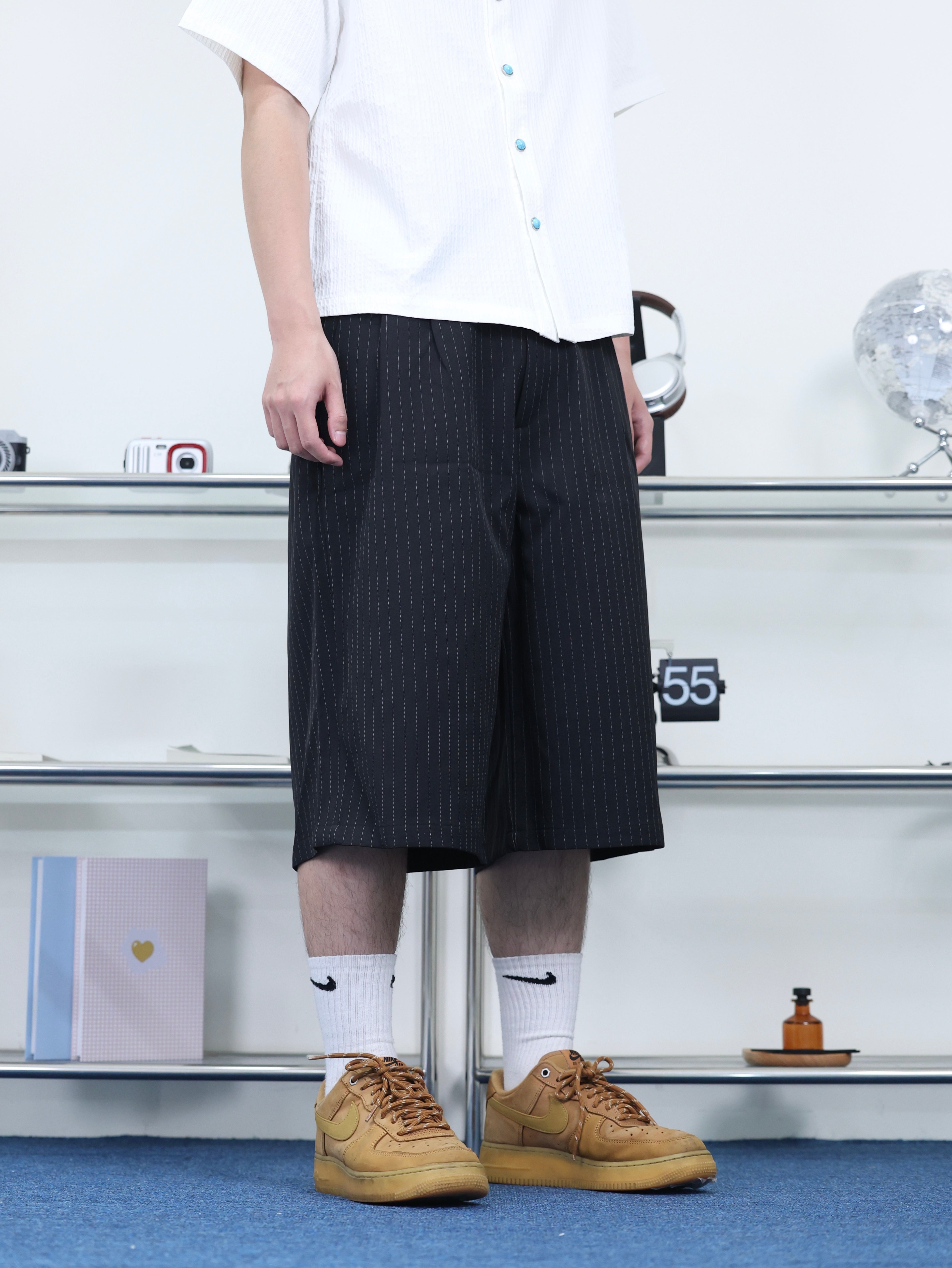 打褶 條紋 春夏 百搭 七分 西裝短褲
