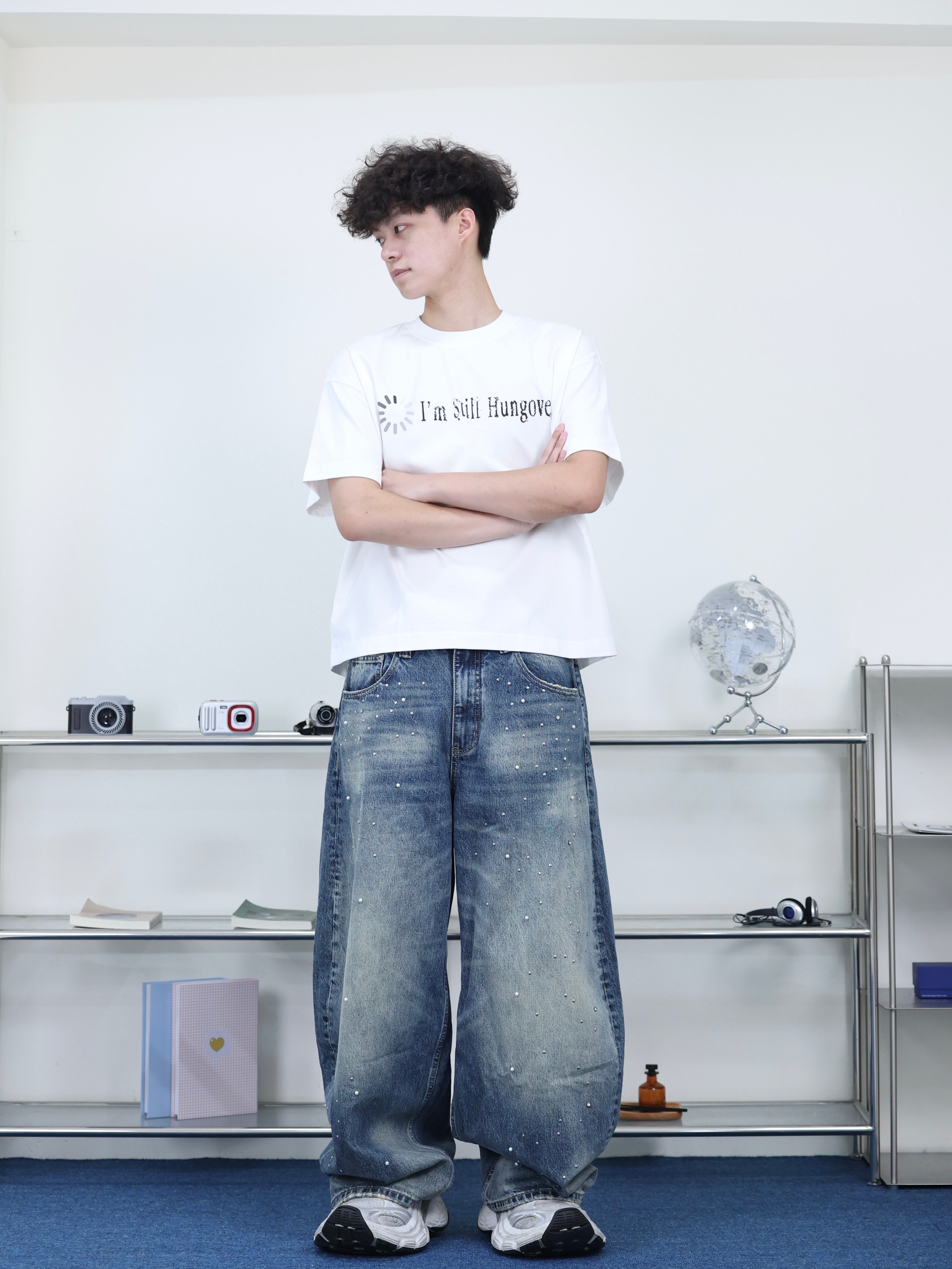 美式 珍珠 卯釘 帶鑽 手工 高質感 水洗 微彎牛仔褲