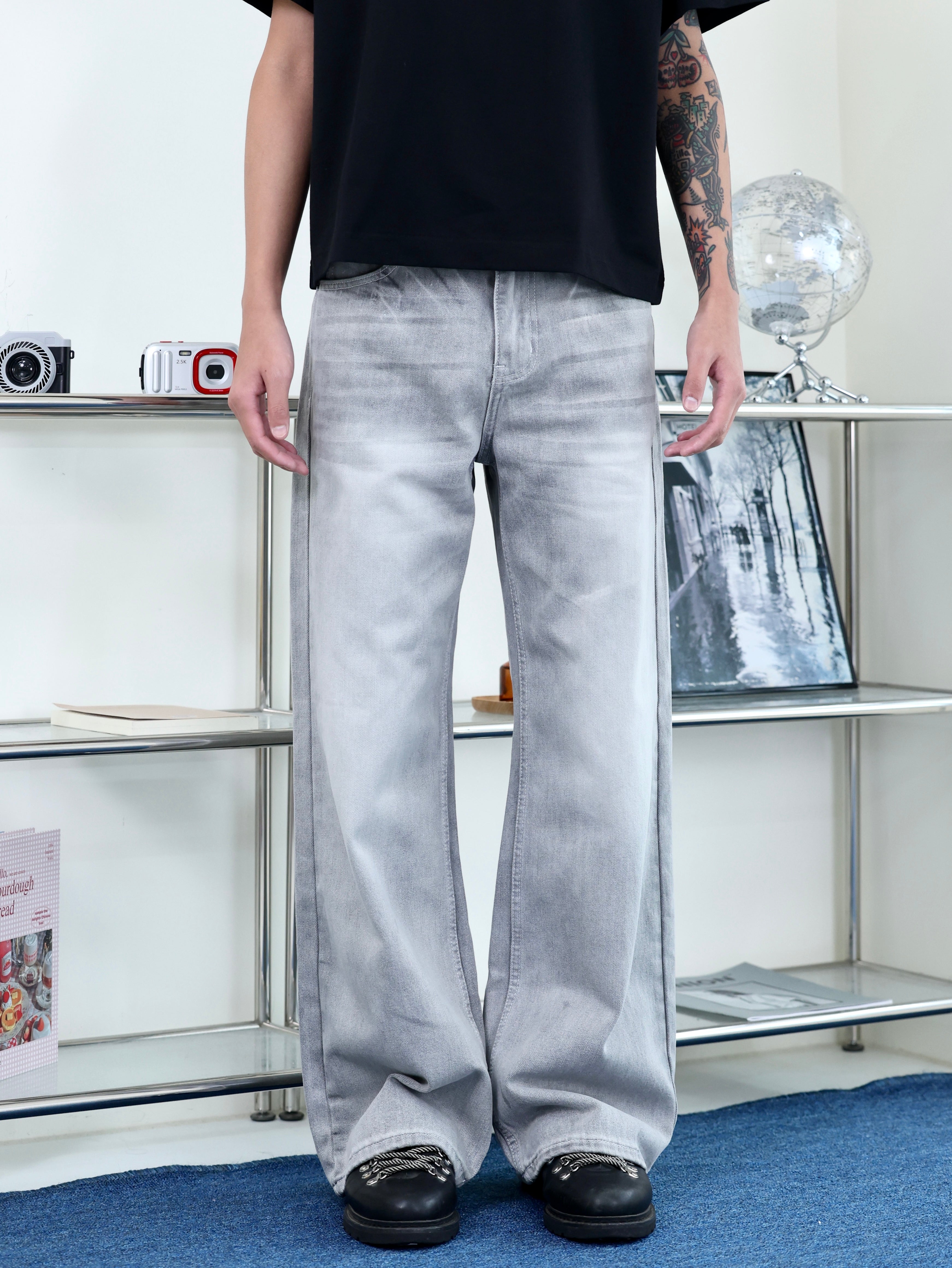 clean fit 簡約 百搭 直筒 水洗 煙灰色 牛仔長褲